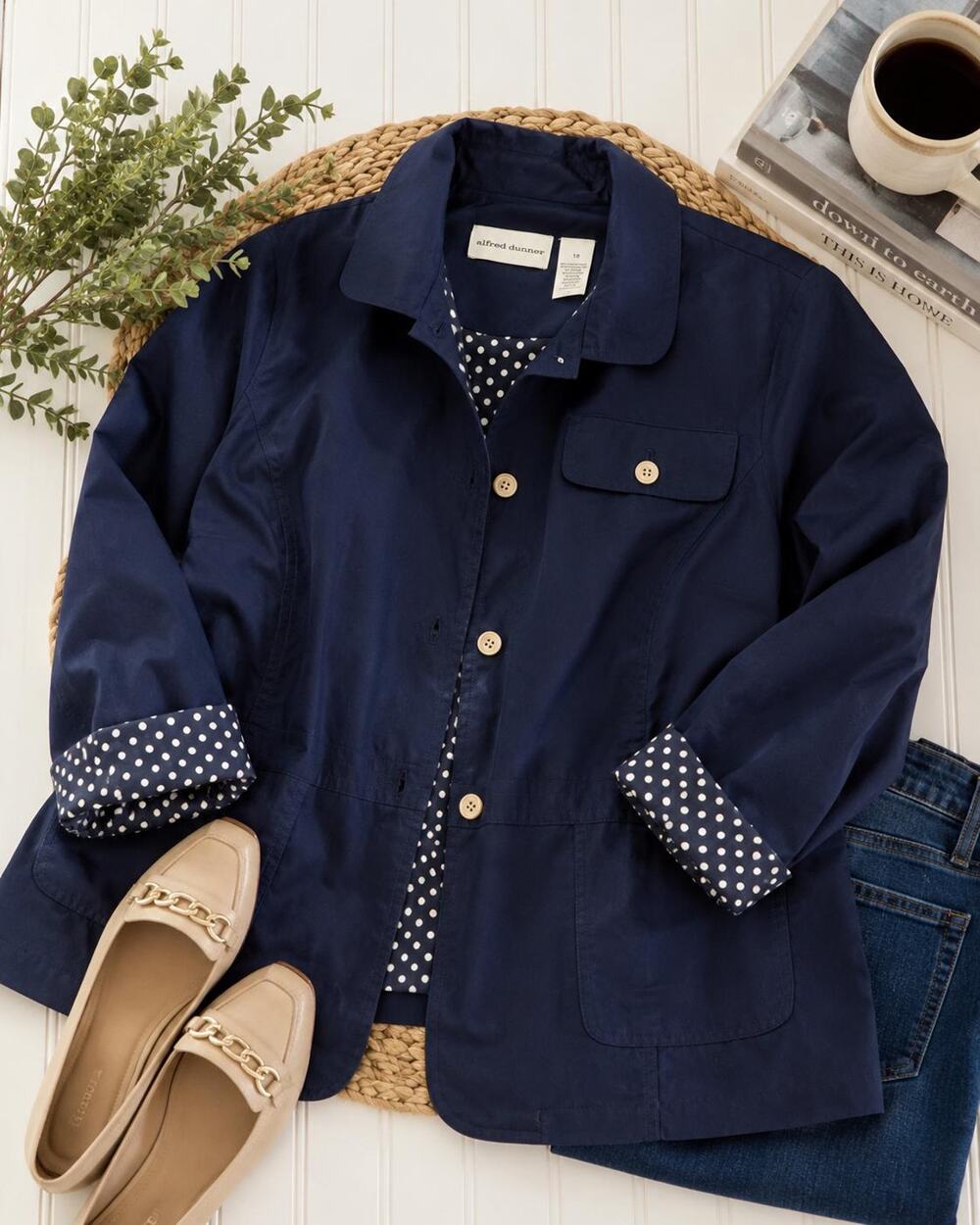 Alfred Dunner Navy Utility Jacket Polka Dot Cuffs, Lightweight Cotton Blend Sz18